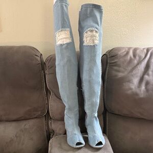 Women’s Light Blue Over-the-Knee Peep-Toe Boots